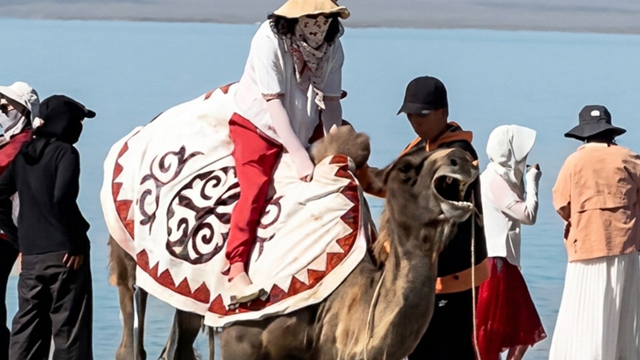 Çin'de deve eziyeti: Turist taşıyan hayvan zorla ayağa kaldırıldı